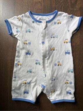Kissy Kissy White Short-Sleeve One-Piece with Blue Trim and Vehicle Print